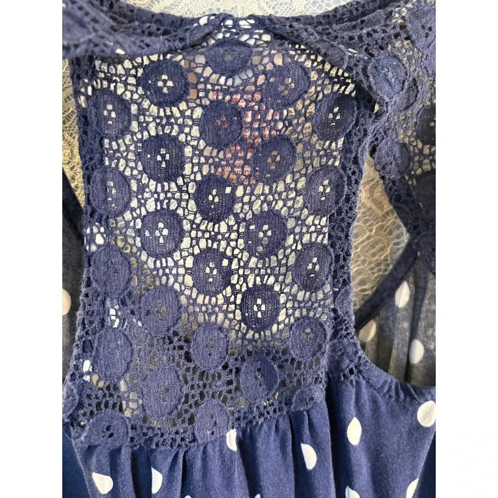 Vintage Y2K Mossimo Polka Dot Dress Navy Blue Lace Racerback Large With Pockets